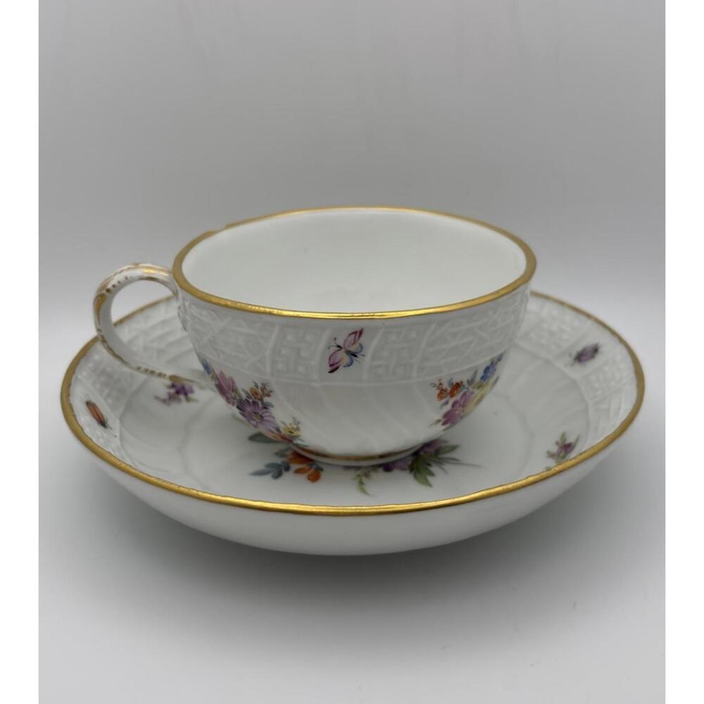 Antique Meissen Demitasse Cup & Saucer Set of 2 Flowers Insects Gilt